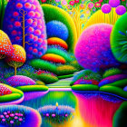 Colorful Psychedelic Landscape with Patterned Hills and Fluorescent Trees