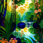 Lush Tropical Jungle Illustration with Waterfall