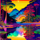 Neon-colored stylized landscape with trees, mountains, and reflective lake