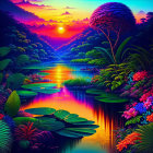 Tropical sunset digital art with lush vegetation and water reflection