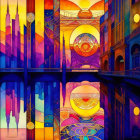 Colorful Stained Glass Style Illustration of Architectural Landmarks