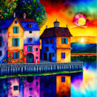 Colorful Houses by Waterfront: Surreal Sunset Sky with Full Moon and Stars