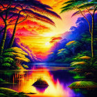 Surreal tropical landscape with radiant sunset