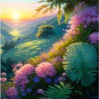 Colorful Sunset Landscape with Flowers and Hills