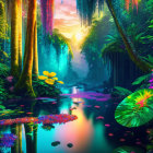 Colorful digital artwork: Mystical jungle, lush foliage, serene river, glowing sunset.