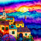 Colorful Village Painting: Whimsical Scene Under Sunset Sky