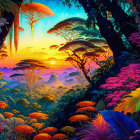 Colorful jungle scene at sunset with purple, orange, and blue hues