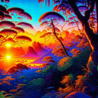 Vibrant digital art of tropical rainforest at sunset