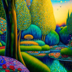 Colorful Landscape Painting with Stylized Trees and Winding Stream