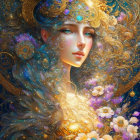 Ethereal woman with golden headdress and celestial motifs