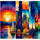 Colorful Cityscape Mosaic with Cosmic Sky and Sun