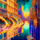 Vibrant fantastical cityscape with colorful buildings, canal, and stylized clouds