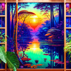 Digital Art: Sunset over tropical forest with lake, seen through Japanese window