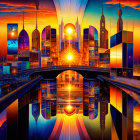 Colorful surreal cityscape with diverse architecture and shining sun.