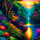 Colorful Jungle Scene with River at Sunset and Mist