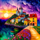 Vibrant village painting with castle on hill & sunset backdrop