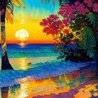 Vibrant sunset over ocean with palm trees and flowers