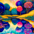 Colorful Psychedelic Landscape with Stylized Trees and Reflective Water