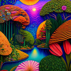 Colorful psychedelic landscape with mushroom trees, river, and sun in purple sky