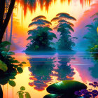 Vibrant tropical rainforest with lake under colorful sunset