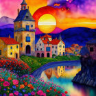 Colorful illustration: Quaint village by river at sunset