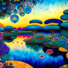 Colorful landscape with stylized trees, blue river, floral patterns, and sunset sky