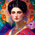 Colorful digital portrait of a woman with intricate patterns and jewels in ornate setting.