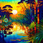 Vibrant sunset in stylized tropical forest with silhouetted trees and reflections