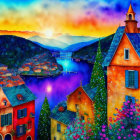 Vibrant coastal village painting at sunset