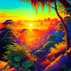 Colorful sunset jungle scene with silhouetted trees and gradient sky.