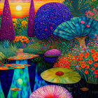 Colorful fantasy landscape with sunset, whimsical trees, water lilies, and diverse plants.