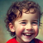 Curly-Haired Toddler Smiling in Red Top with Freckles