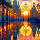 Colorful sunset illustration with ornate buildings and mirrored architecture.