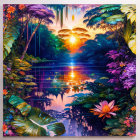 Tropical paradise illustration with lush foliage, flowers, lake, and waterfall