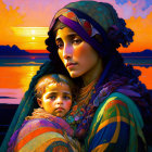 Woman with child in colorful headscarf at sunset by water