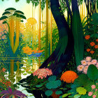 Lush Garden Illustration with Flowers, Trees, and Sunlight