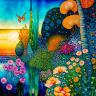 Colorful artwork of whimsical garden with flowers and butterfly at sunset