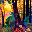 Colorful forest sunset illustration with trees, foliage, and sun.