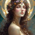 Illustrated woman with floral halo in Art Nouveau style