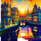 Fantasy castle silhouette at vibrant sunset with intricate architecture.