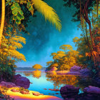 Vibrant illustration of mystical jungle with waterfall