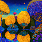 Colorful painting of vibrant starry night with round trees, moons, and hot air balloons