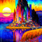 Colorful cityscape with skyscrapers and whimsical houses against a sunset sea