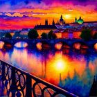 Colorful Prague skyline and Charles Bridge at sunset over Vltava River