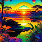 Digital art sunset with large sun, tranquil lake, tropical foliage, colorful sky