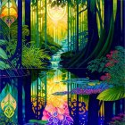 Colorful Forest Scene with Stream and Hanging Lanterns