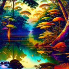 Lush Jungle Scene with River, Waterfall, Butterfly, and Mystical Light