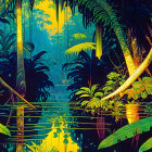 Lush Jungle Scene with Reflective Waters and Golden Light