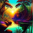 Neon-style digital artwork: lush tropical jungle with river at sunset