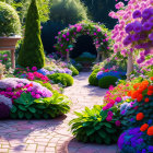 Lush, colorful garden pathway with sunlit arch